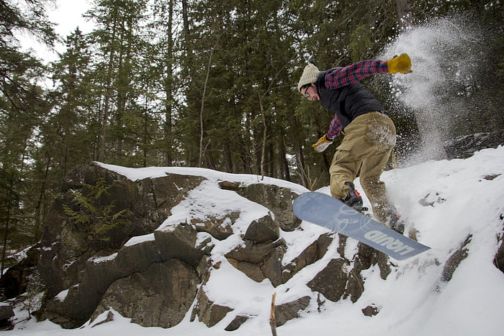 snowboarding, snowboard, jump, snow, winter, woods, rocks