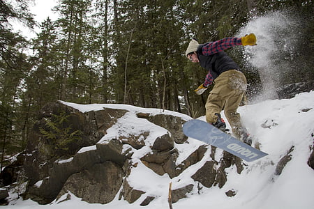 snowboarding, snowboard, melompat, salju, musim dingin, hutan, batu