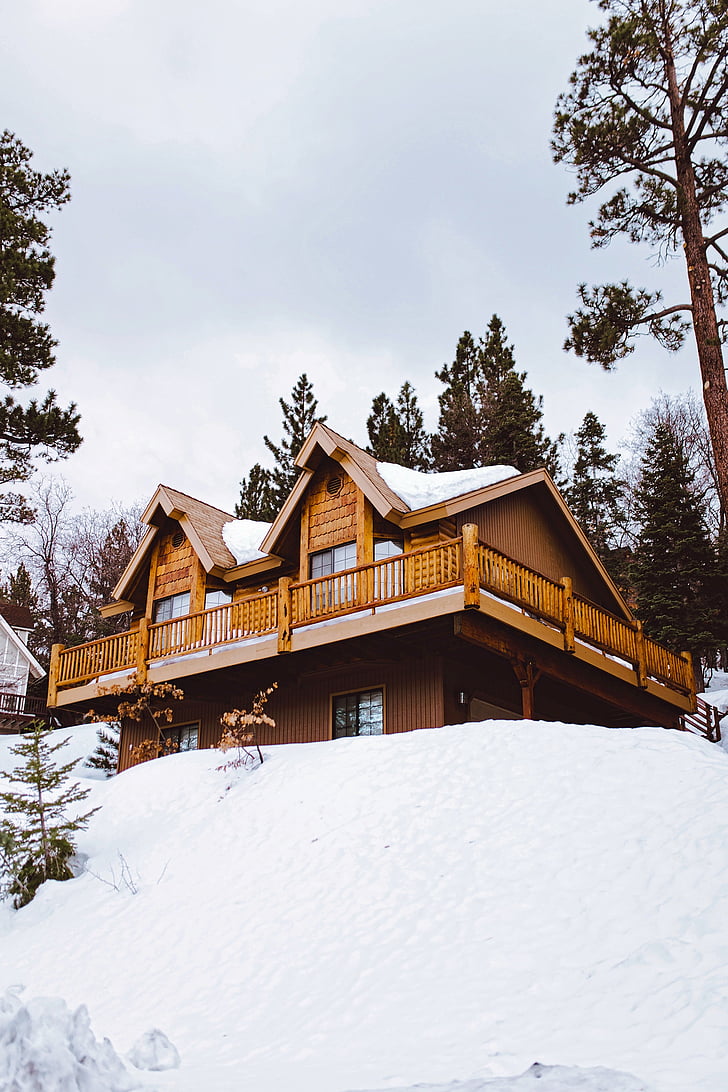 log cabin, house, chalet, home, landscape, winter, snow
