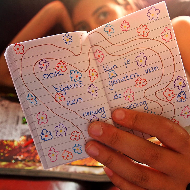 päiväkirja, kirjanen, Tyttö, käsi, kesällä, onnea, kasvot