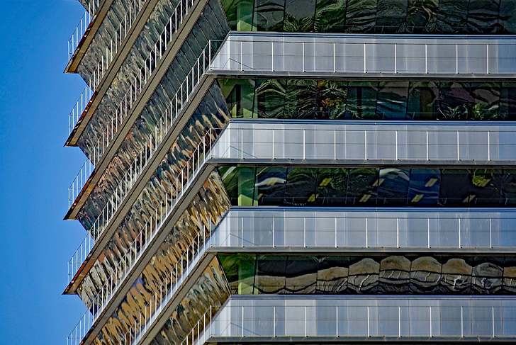 Šiuolaikiškame pastate, Architektūra, stiklo, bokštas, atspindys, Barselona, Ispanija