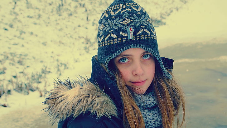 Gadis, musim dingin, salju, topi, dingin, embun beku, semangat
