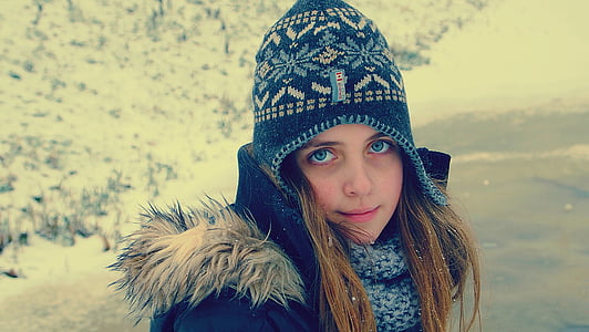 dievča, zimné, sneh, klobúk, za studena, mráz, elán