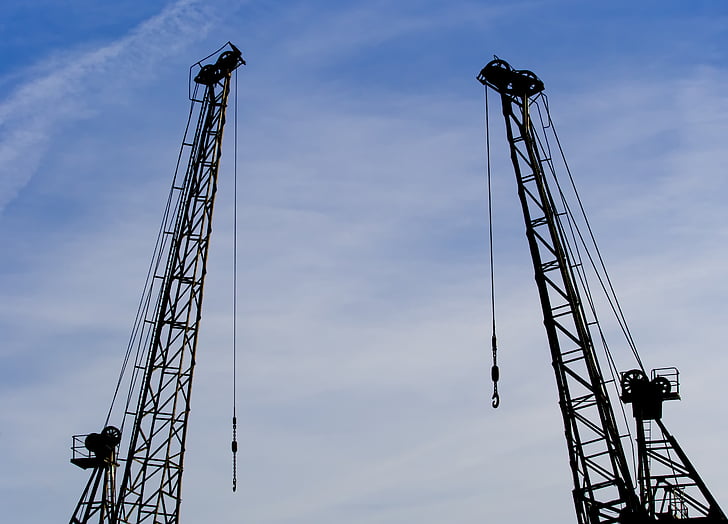 crane, derrick, two, industry, industrial, harbour, harbor