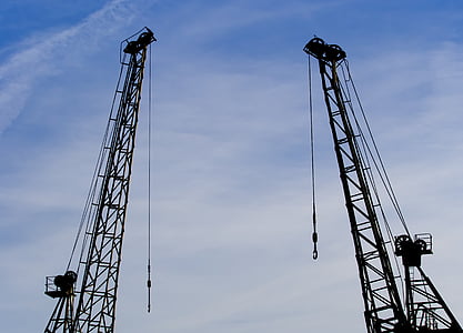 crane, derrick, two, industry, industrial, harbour, harbor