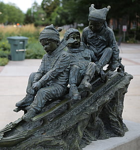 statue, uden for, børn, slæde, udendørs, Bronze, skulptur