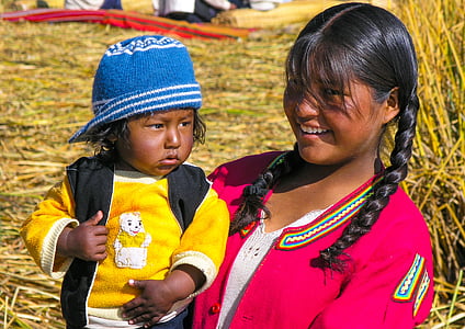 ežeras, Titicaca, Peru, moteris, vaikas, tautos, žmonės