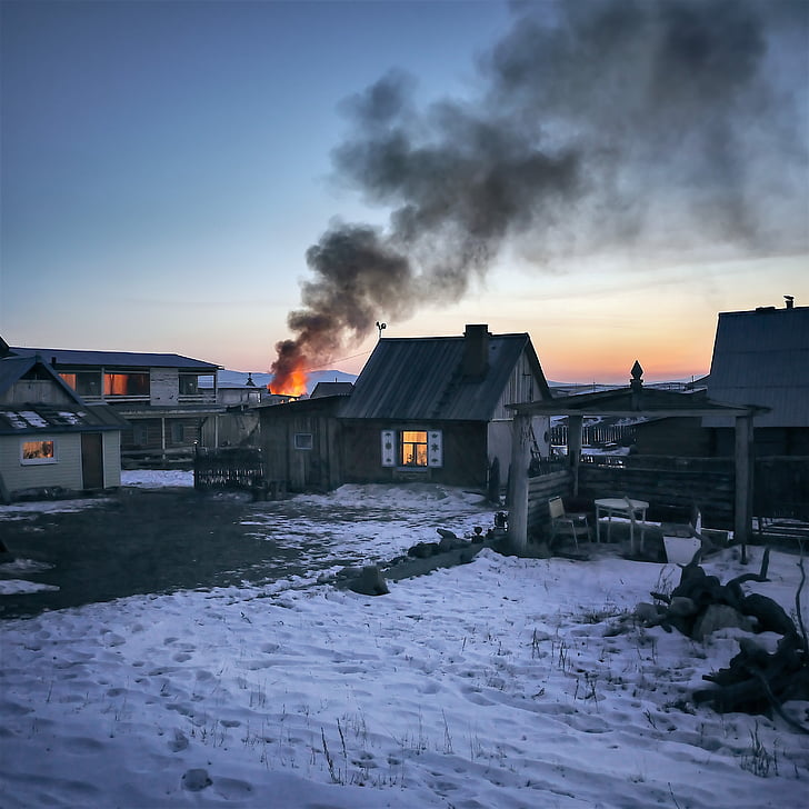 fire, village, wooden houses, siberia, winter, smoke, wood