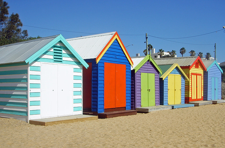 Μελβούρνη, παραλία, εξοχικές κατοικίες, πολύχρωμο, στη θάλασσα, καλύβα παραλία