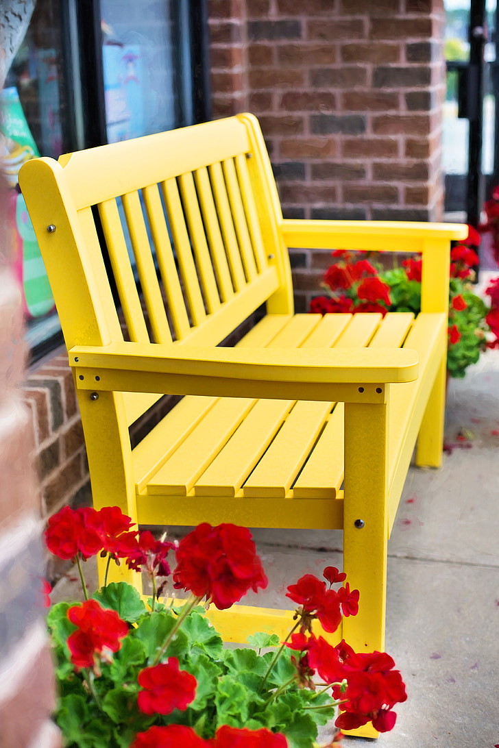 ม้านั่งสีเหลือง, วินเทจ, สวน, ไม้, ที่นั่ง, ดอกไม้, เก้าอี้