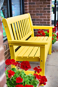 yellow bench, vintage, park, wooden, seat, flowers, chair