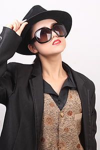 black, woman, hat, glasses, like a person, male clothing, camouflage