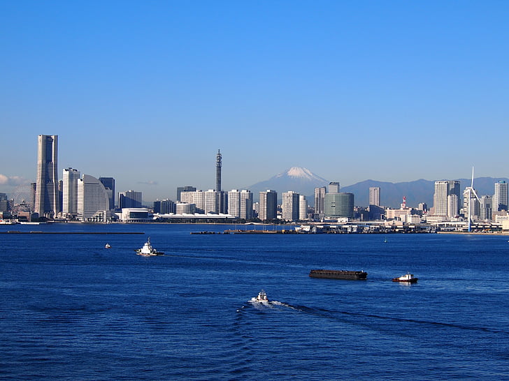 MT fuji, Yokohama, den bay bridge, vinter, Landmark tower, fartyg, hög hastighet road