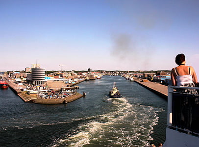 fartyg, fartyg, Port amsterdam, kvinna, tillbaka, bogserbåt, båt