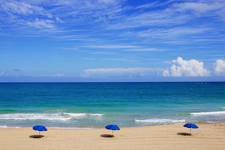 tři, modrá, deštník, pláž, oceán, Já?, obloha