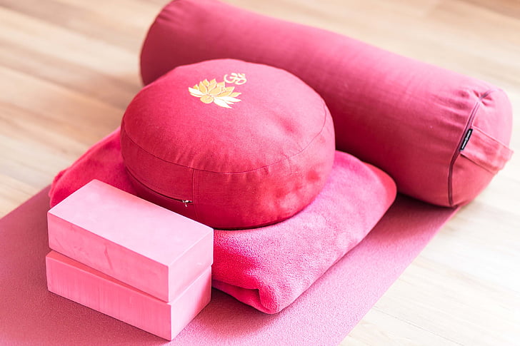 Yoga, avslapning, meditasjon, avslappet, rød, rosa fargen, innendørs