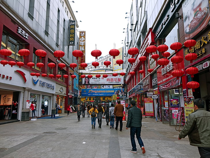 China, calle, linternas, Asia, urbana, tiendas, decoración