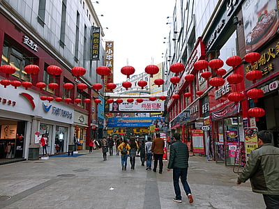 Kína, utca, lámpák, ázsiai, városi, üzletek, dekoráció
