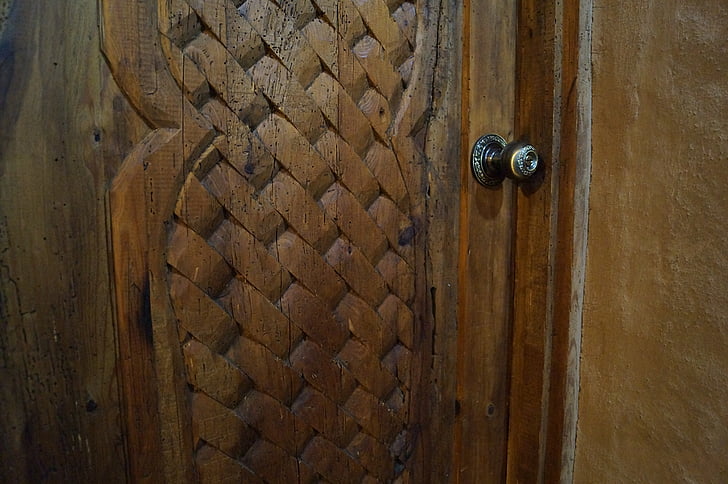 dveře, řezbářské práce, vyřezávané dveře, dřevo, rustikální, vstup, zeď