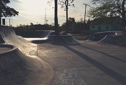 skatepark, concrete, pavement, ramps, halfpipe, city, urban