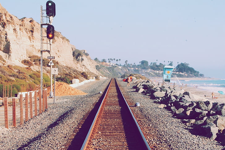 man, walking, beside, train, track, near, sea