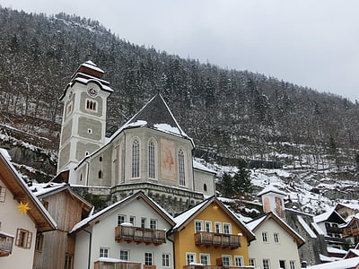 Hallstatt, Österreich, historischen Zentrum, Häuser, Berg, UNESCO-Welterbe, Kirche