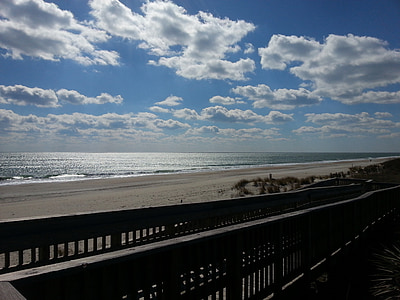 beach, shore, ocean, coast, boardwalk, clouds