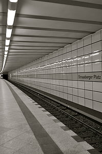 Tunnelbana, tunnel, plattform, transport, transport, tåg, järnvägsspår