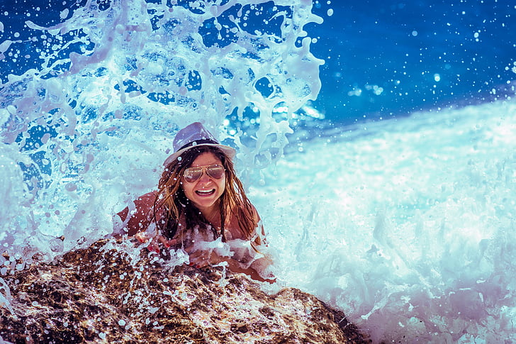 ocean, person, rock, smiling, splash, water, waves