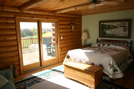 master bedroom, bed, logs, cabin, log home, bedroom, interior