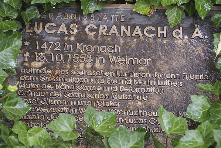 Lucas Krānahs-greifers, kapa piemineklis, bronzas, Erfurt, Tīringenes federālā zeme Vācijā, paraksts, Piezīme