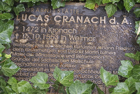 Lucas cranach-grijper, grafsteen, brons, Erfurt, Thüringen Duitsland, bijschrift, Opmerking