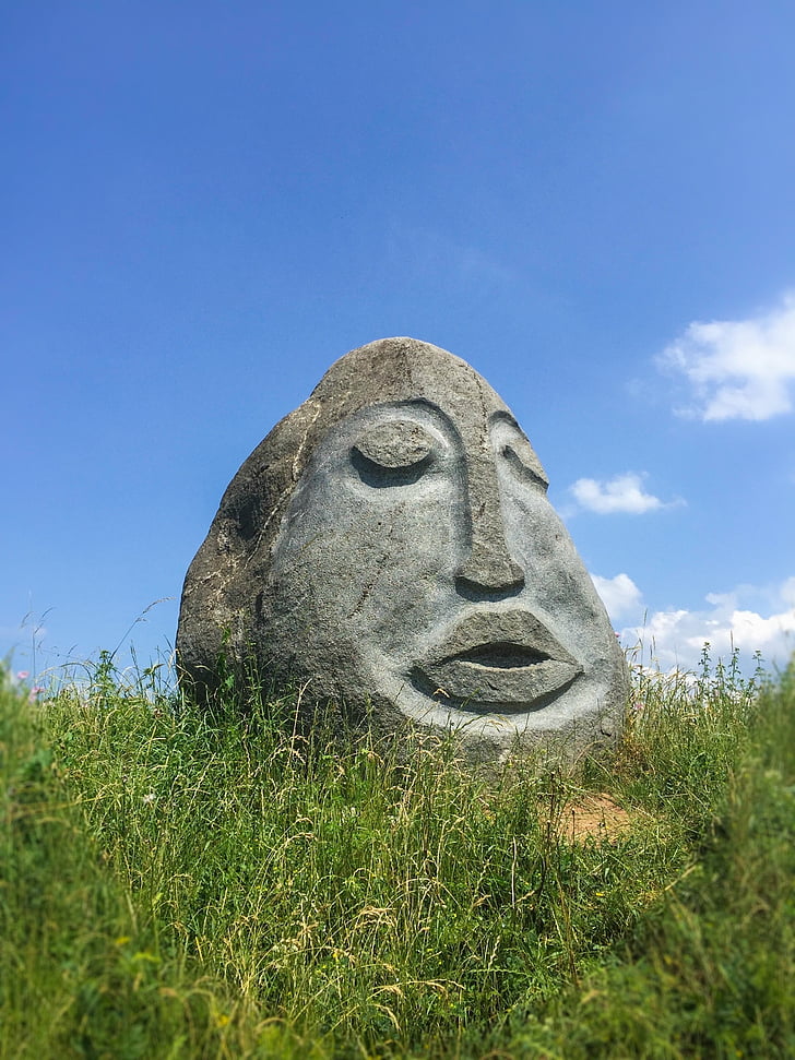 stone, face, blue, sky, nature, sculpture, stone figure
