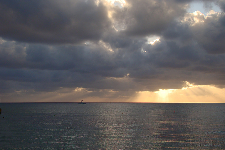 море, Cozumel, облаците, залез, яхта, небе