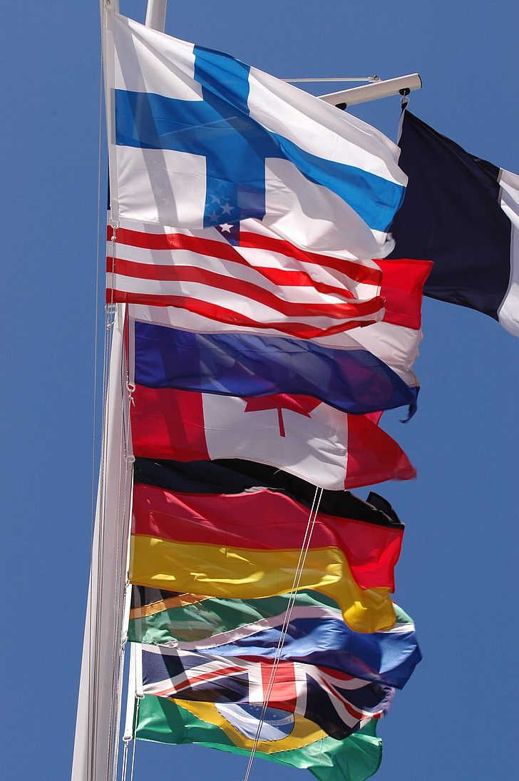 знамена, нации, къдрене, плаващи, Канада, Холандия, САЩ