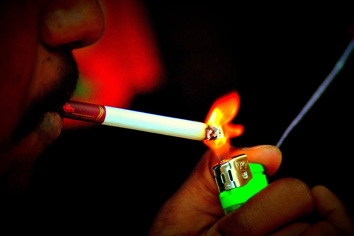 cigareta, zapaľovač, dym, horľavý, plameň, oheň