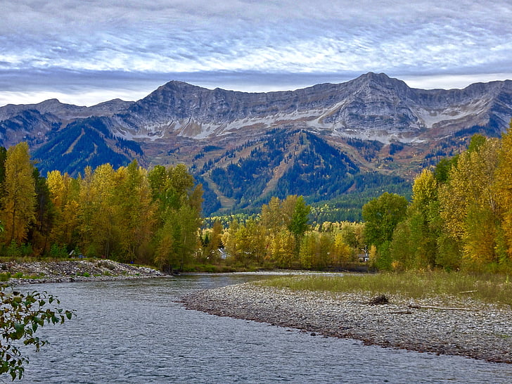 autunno, montagne, foresta, fiume, mountain bike, montagne rocciose, Canada