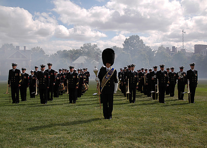 banda militar, desempenho, música, marchando, musical, uniforme, latão