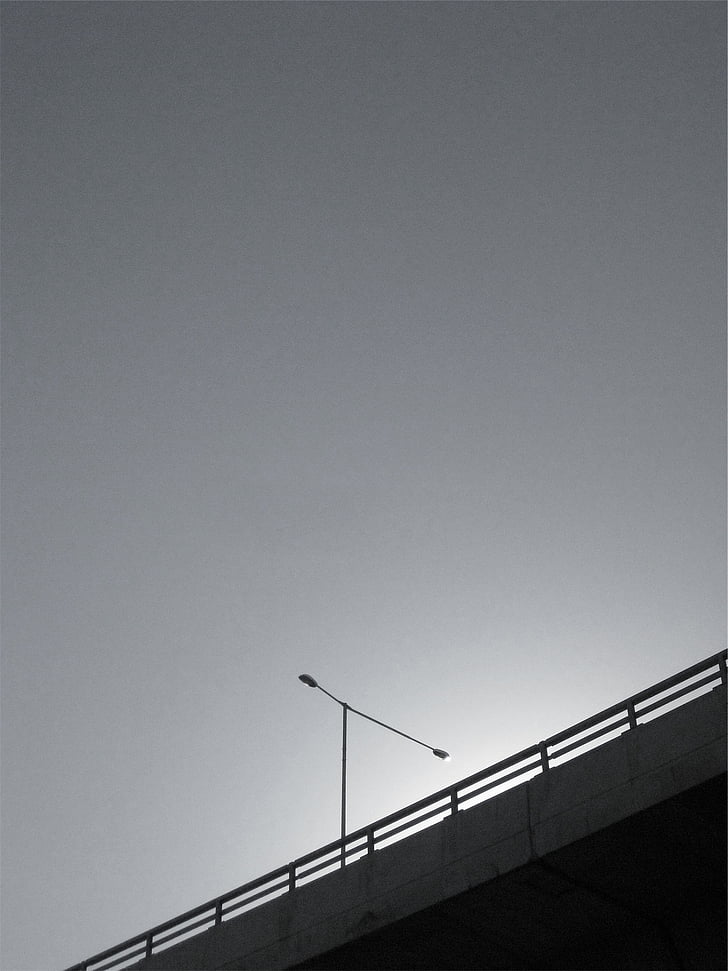 black, steel, light, post, overpass, lamp post, black and white