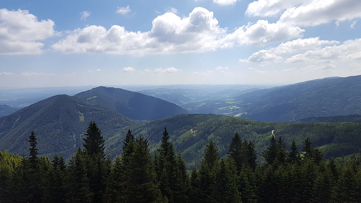 mountain, forest, landscape, panorama, sky, valley, vision