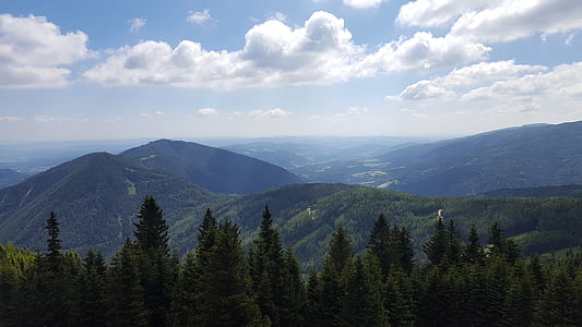 mountain, forest, landscape, panorama, sky, valley, vision