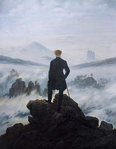 selvportræt, vandrer over havet af tåge, Caspar david friedrich, 1818, maleri, illustrationer, mænd