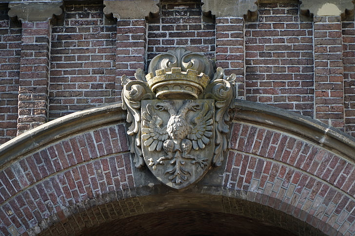 címer, régi, Hollandia, tégla, kő, portál, heraldika