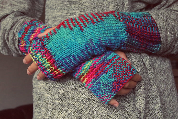 käed, kindad, kudumine, talvel, sõrmed, segatud, värvi