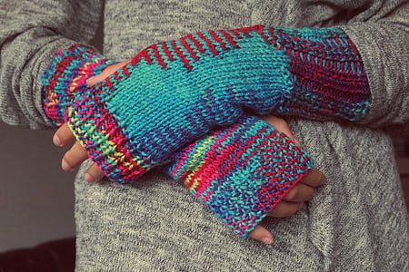 手, 手袋, 編み物, 冬, 指, 混合, 色