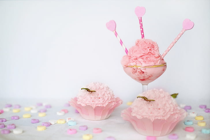 Valentinovo, ružičasti sladoled, srca, roza, slatki, slastice, cupcakes