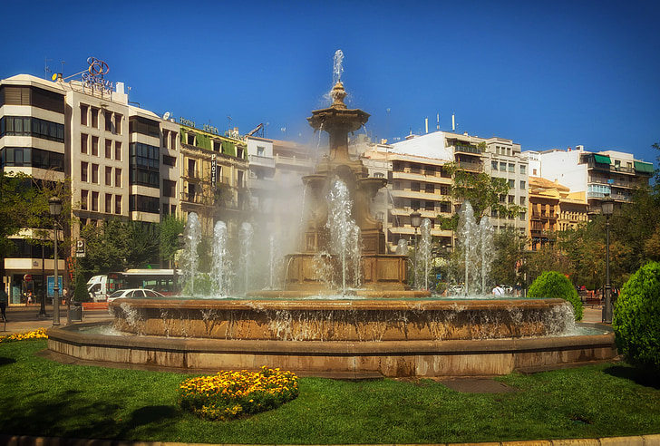 Granada, szökőkút, Spanyolország, város, városok, városi, víz