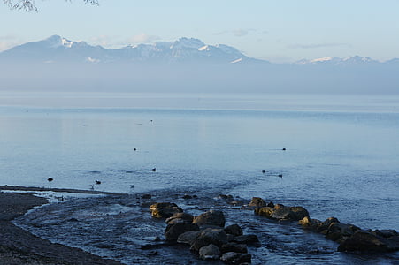 chiemsee, mood, lake, water, mountains, snow, winter