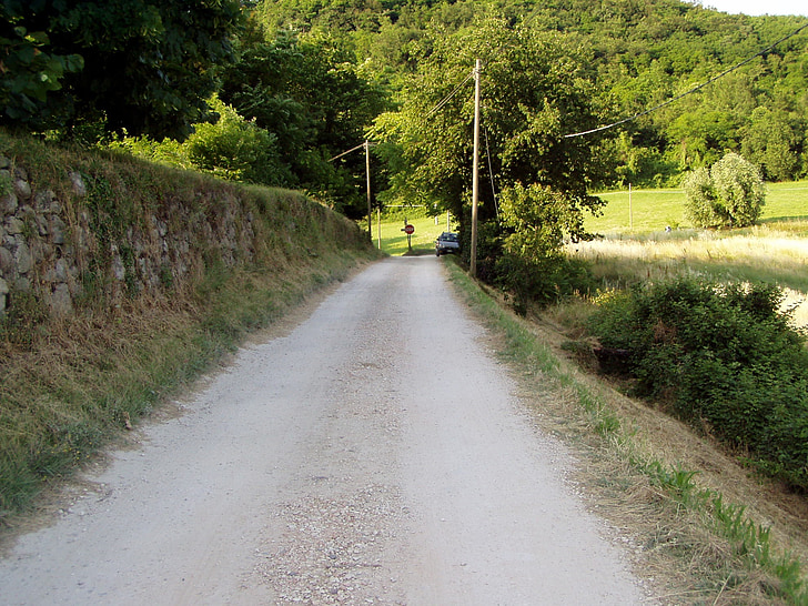 carretera, a través de, árboles, piedras, colina, campaña, naturaleza