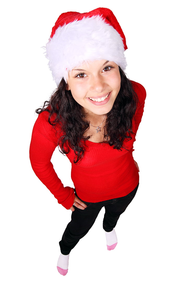 jul, mode, kvinna, Lycklig, modell, person, santa's hat